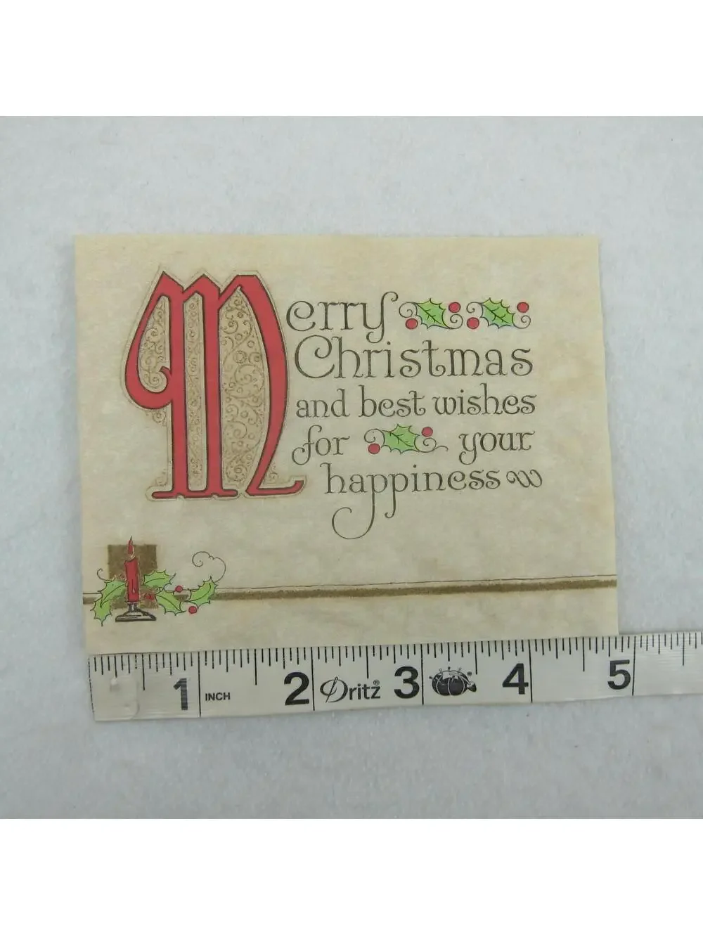 Vintage Merry Christmas Rice Paper Card Greeting UNSIGNED Candle Holly Berries